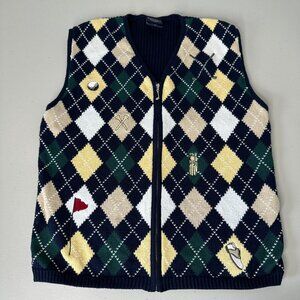 Fairway Outfitters Zip up Sweater Vest Golf Argyle Embroidered Large